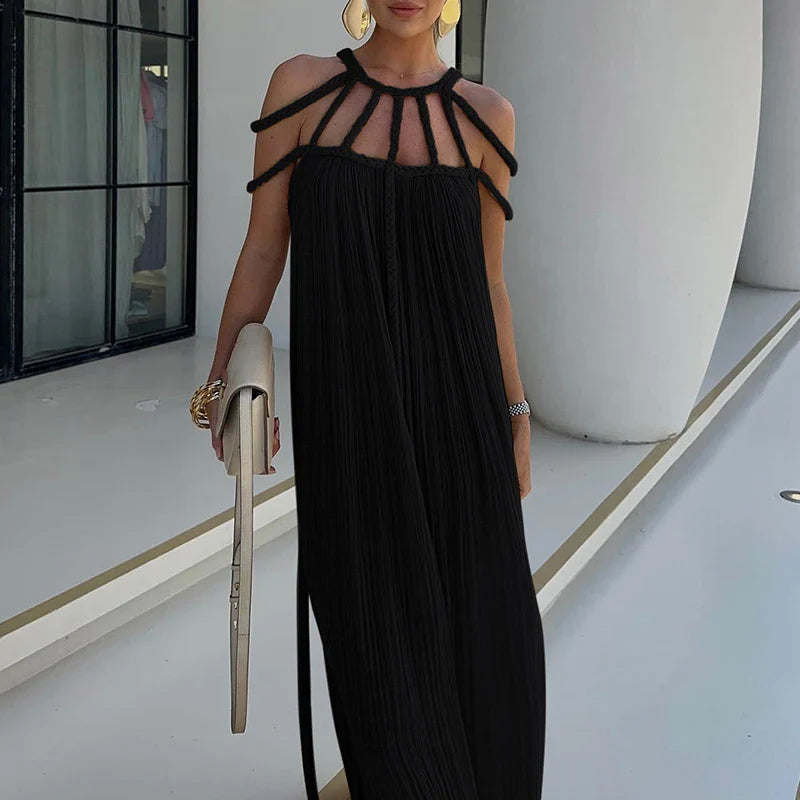 Solid Split Pleated Bandage Long Dress