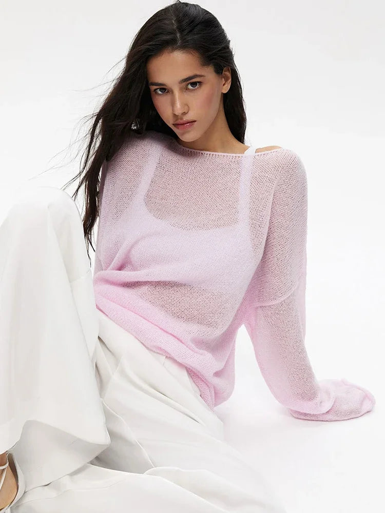 Hollow Solid See-through Long Sleeve Knitted Top