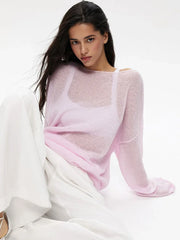 Hollow Solid See-through Long Sleeve Knitted Top