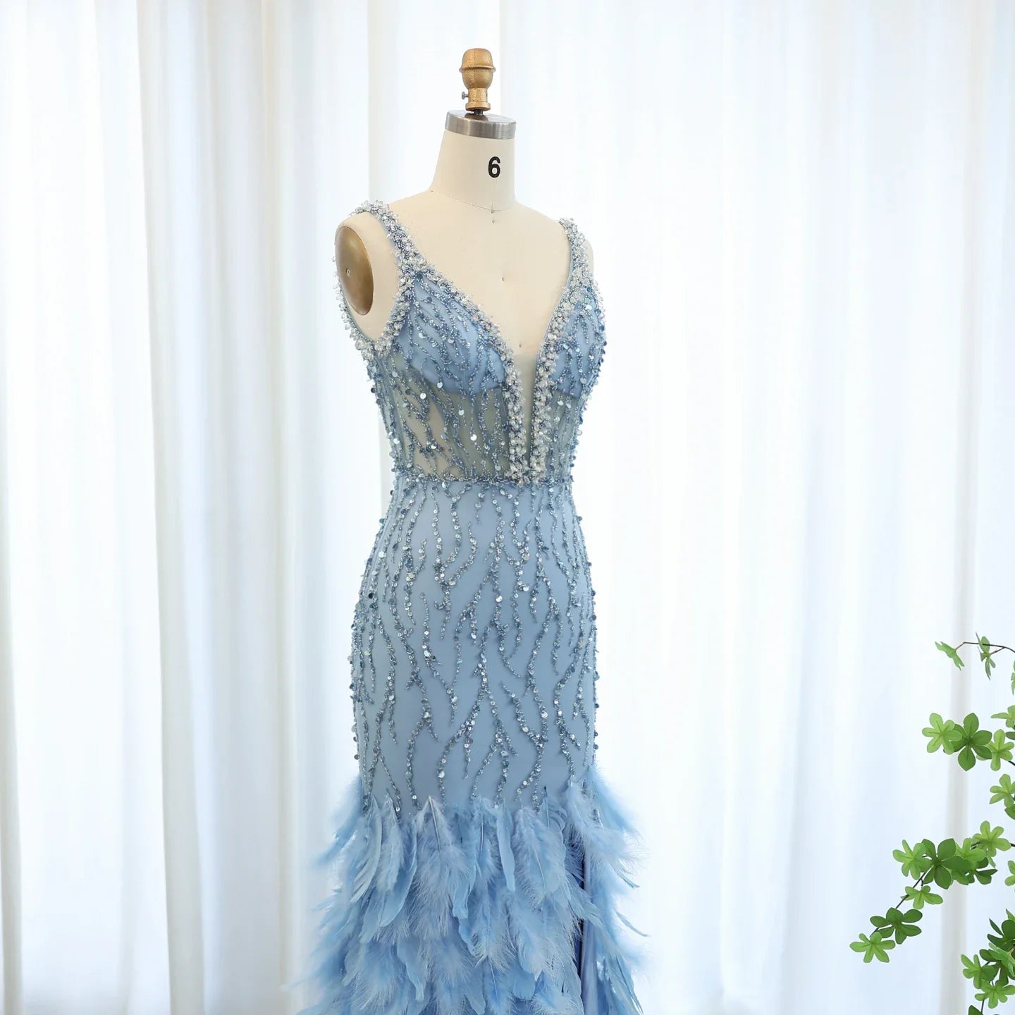 Blue Mermaid Evening Gown with Feather Details