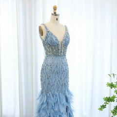 Blue Mermaid Evening Gown with Feather Details
