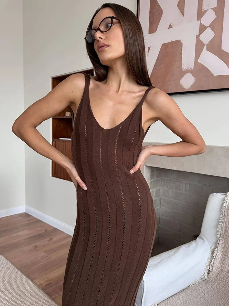 Knit Ribbed Hollow Out Open Back Solid Long Dress