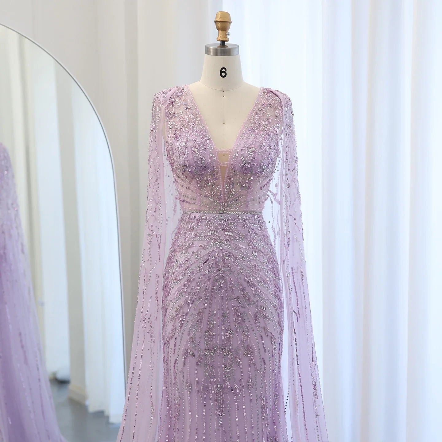 Silver-Gray Mermaid Evening Gown with Cape