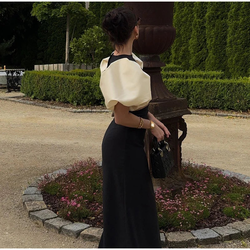 Patchwork Puff Sleeve Hollow Out Long Dress