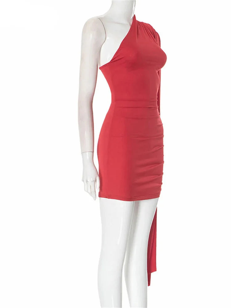 Red One-Shoulder Ribbon Mini Dress