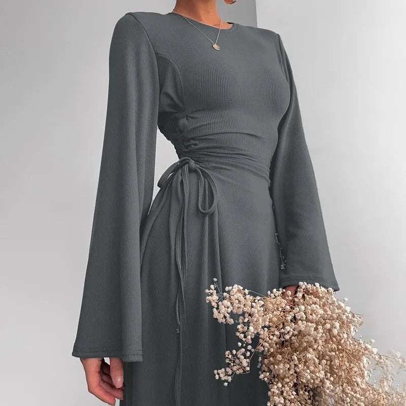 Ribbed Solid Lace-up Long Sleeve Dress