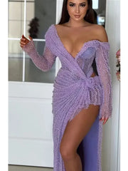 Off-Shoulder Long Sleeve Asymmetric Mesh Dress