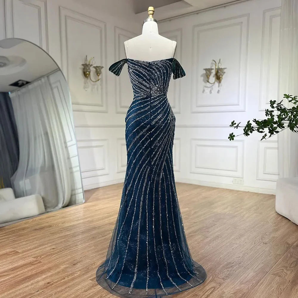 Boat Neck Split Mermaid Elegant Beaded Gowns