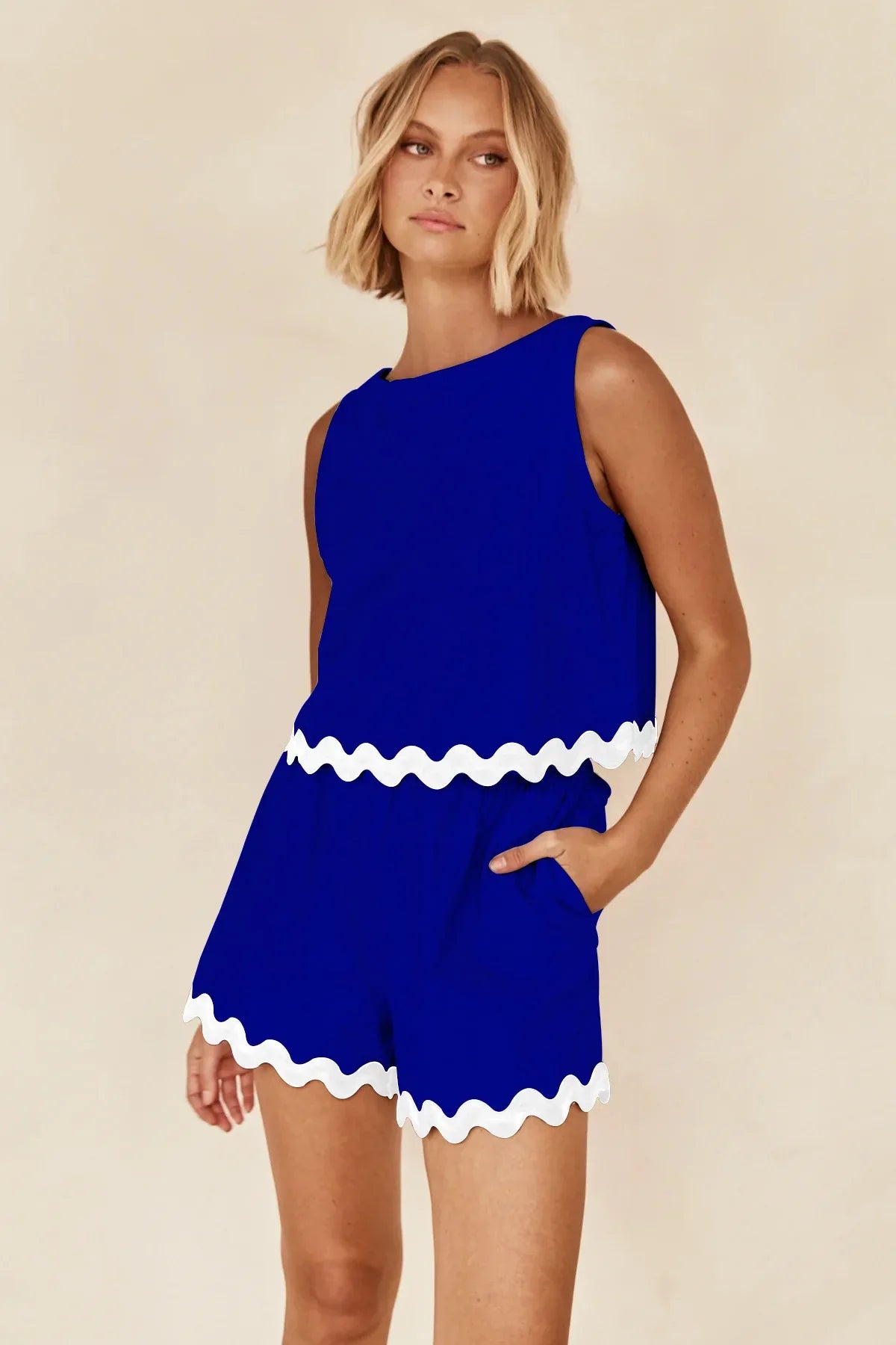 Wave Stripe Patchwork Tops High Waist Shorts Set