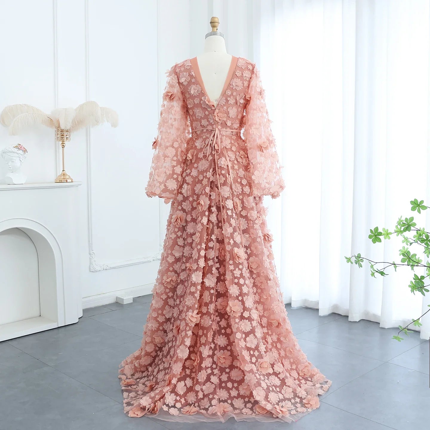 Blush Pink 3D Floral Evening Dress with Bell Sleeves