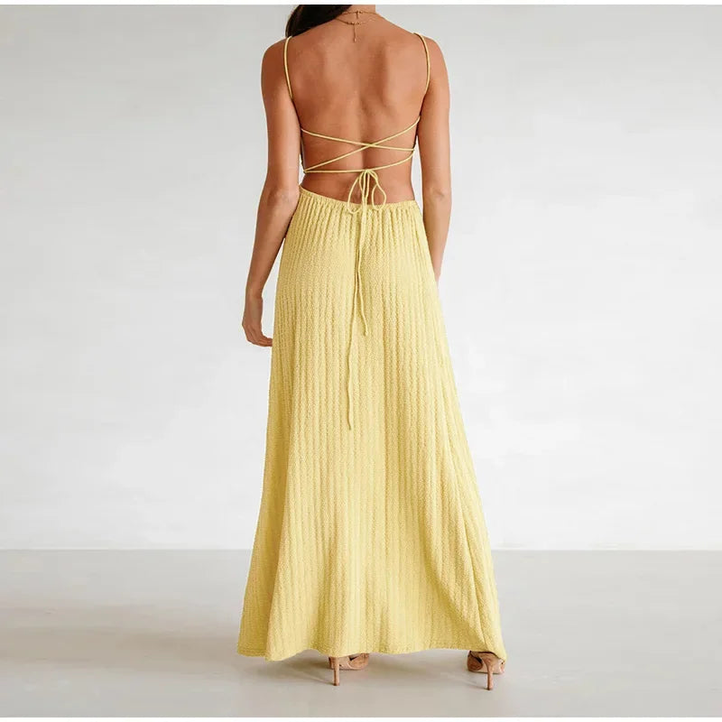 Lace Up Solid Color Open Back Long Dress