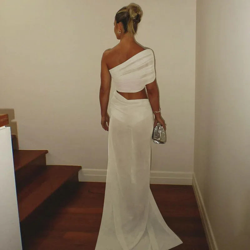 Mesh Backless One-Shoulder Long Dress