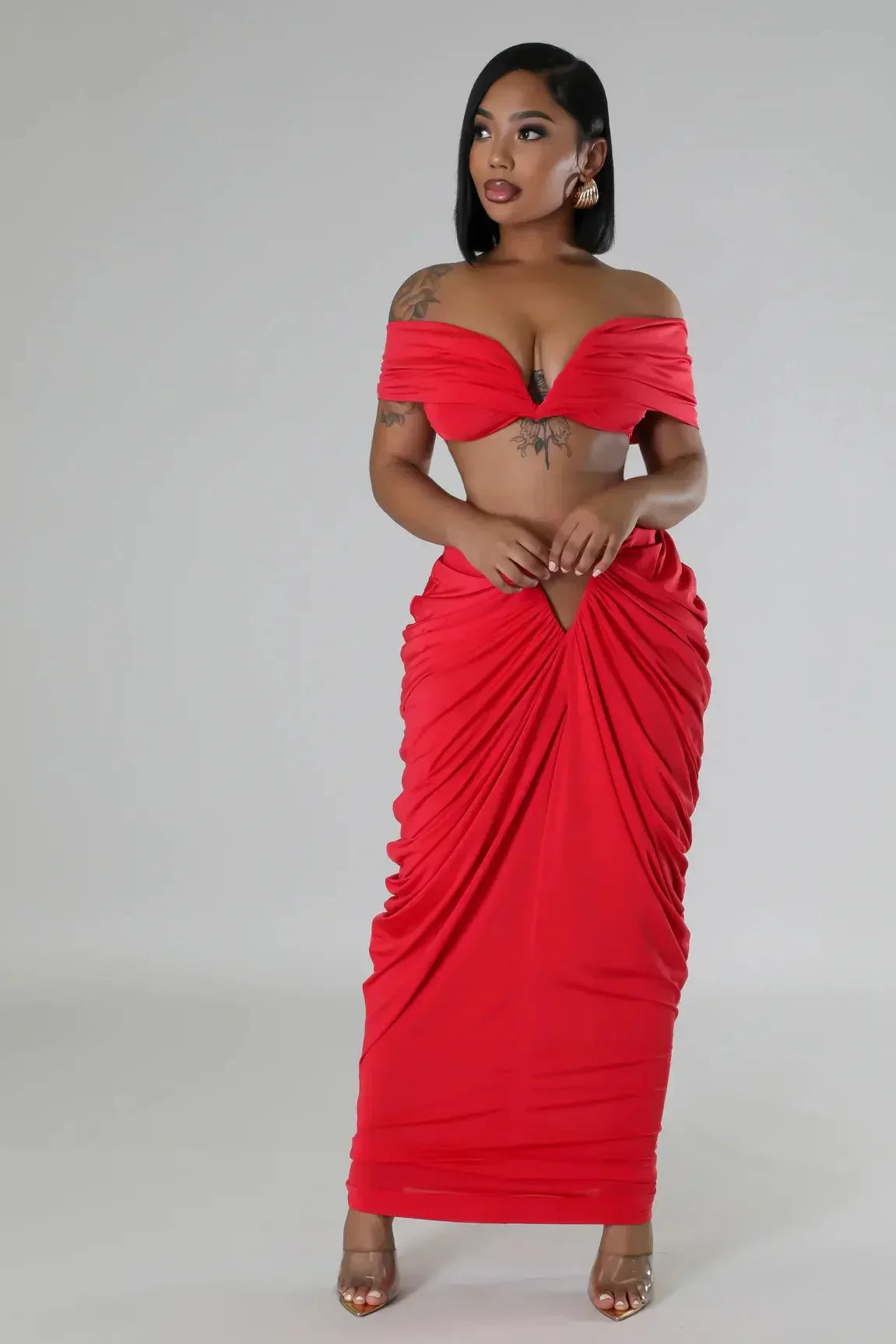 Pleated Strapless Crop Top and Long Skirt Suit