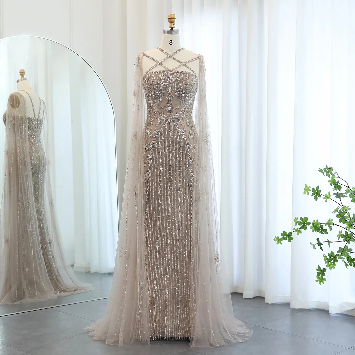 Aqua Mermaid Evening Gown with Cape Sleeves