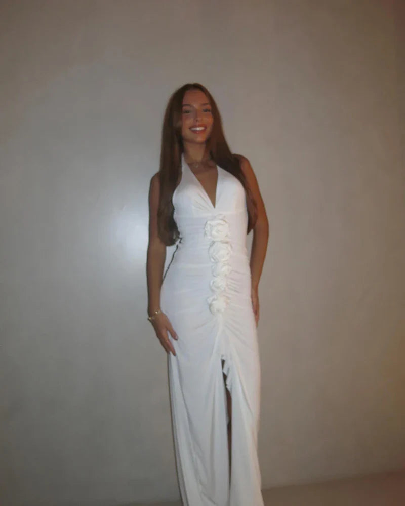 White Floral Halter Sleeveless Ruffled Long Dress