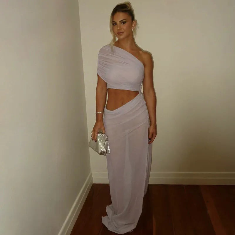 Mesh Backless One-Shoulder Long Dress