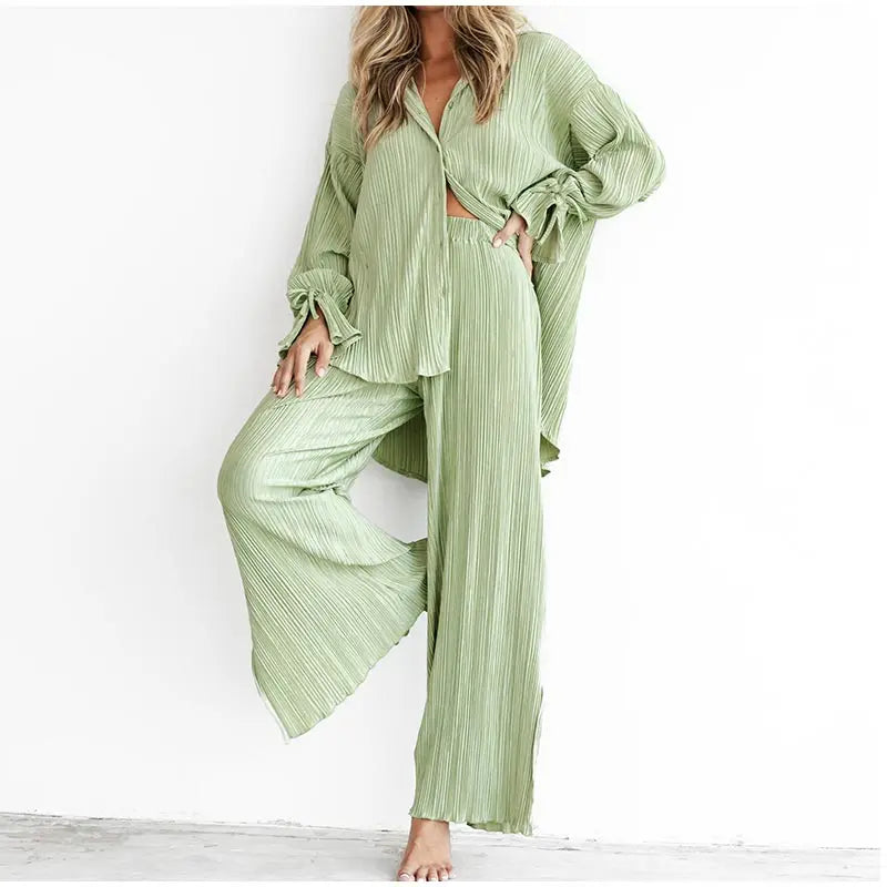 2 Piece Set Blouse Tops and Split Wide Leg Pants