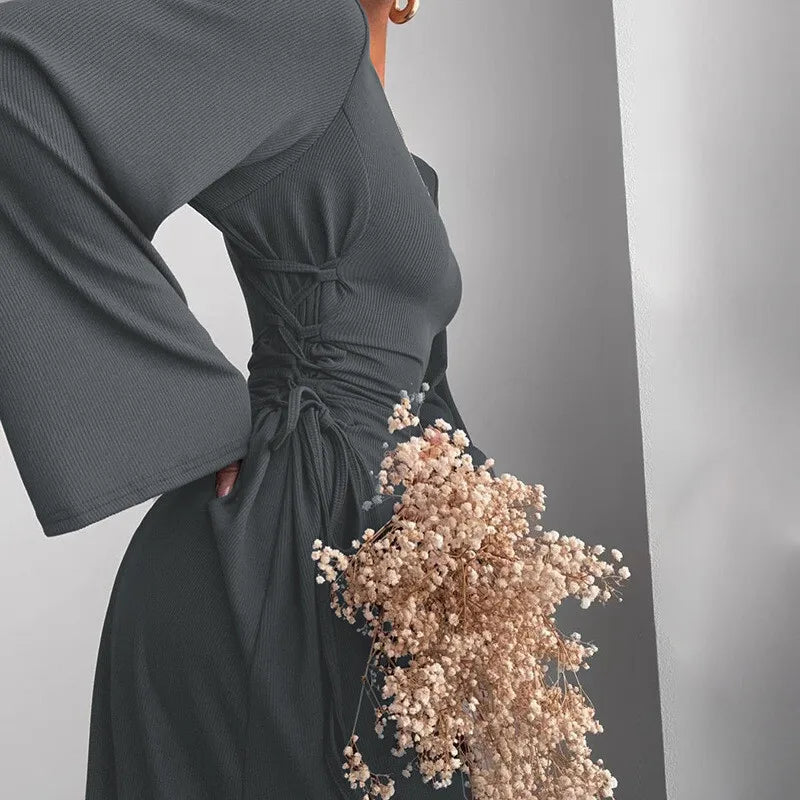 Ribbed Solid Lace-up Long Sleeve Dress