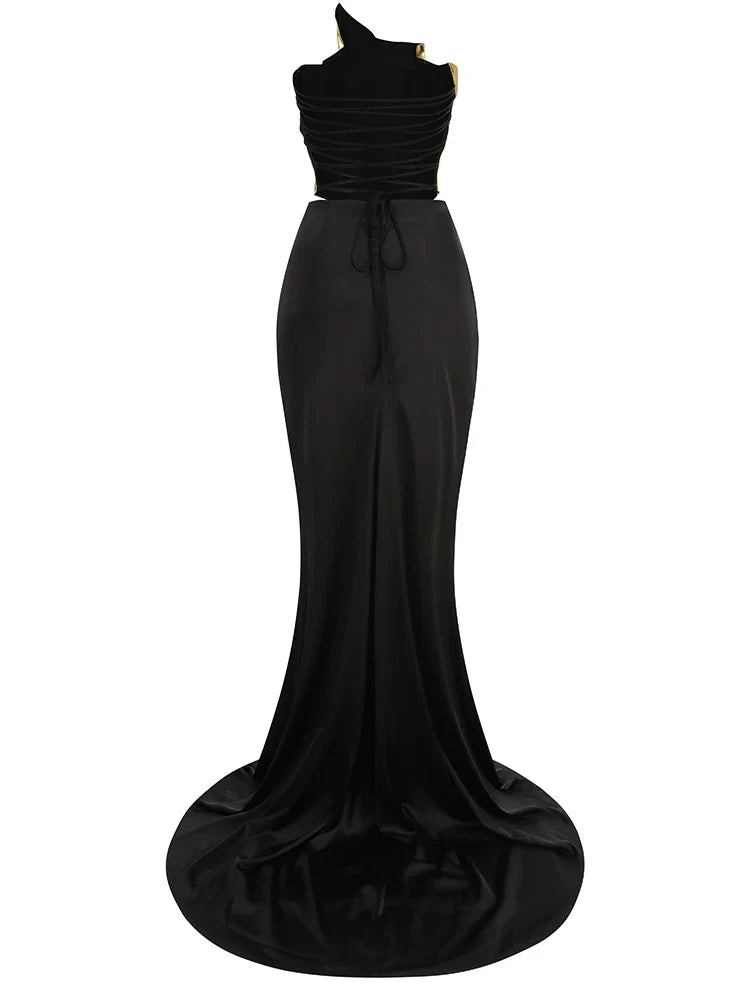 Strapless Gold Top & High-Slit Skirt Set