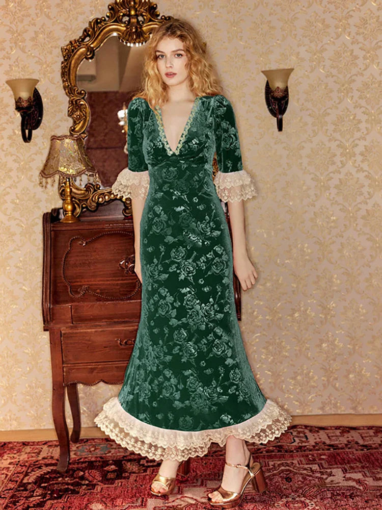 Patchwork Lace Short Sleeve Printed Floral Dress