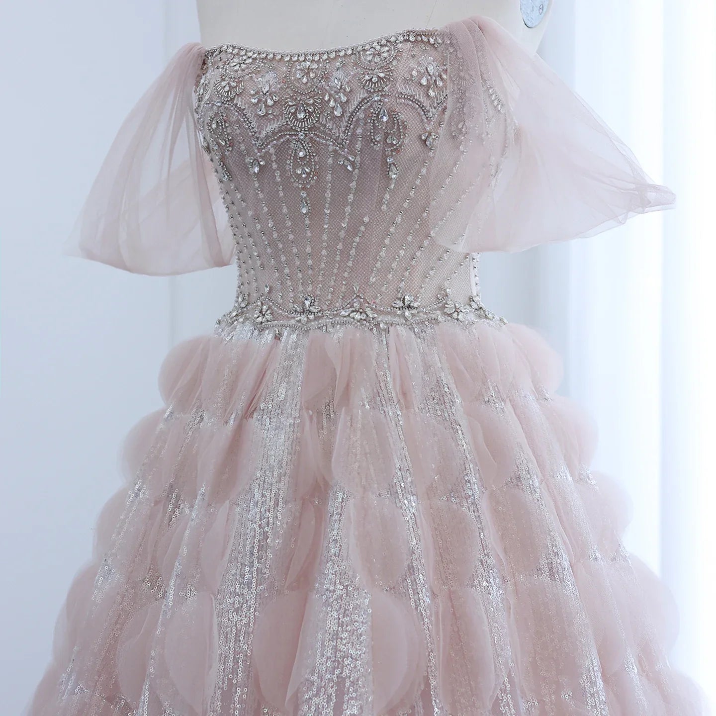 Crystal Princess Ball Gown Blush Pink Ruffles Evening Dress