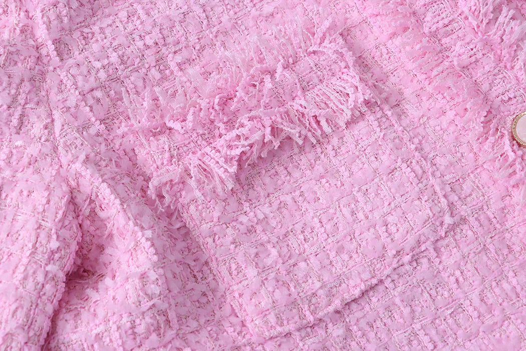 Pink Fringe Fur Shoulder Pad Tweed Blazer