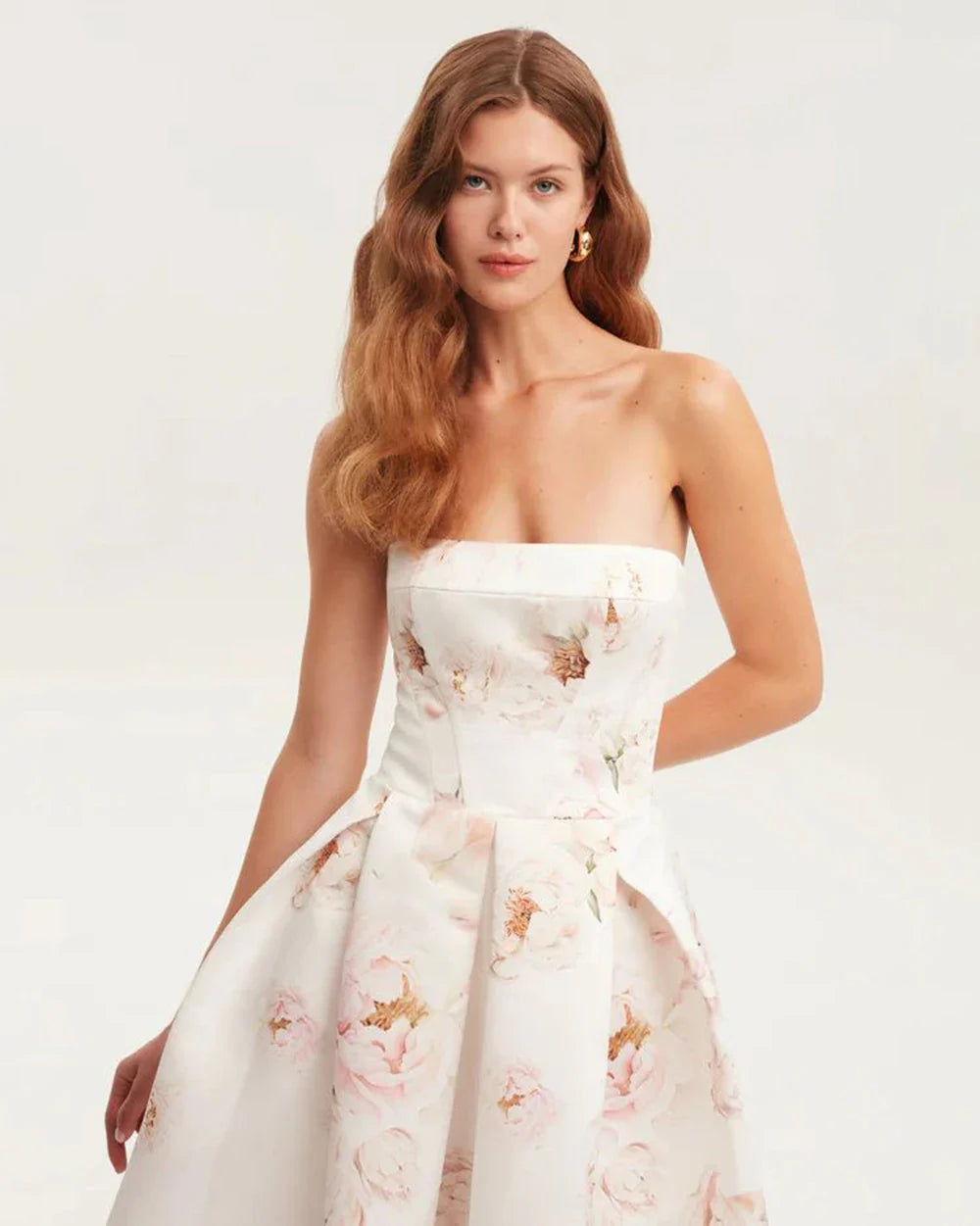 Floral printed strapless back tied rope dress