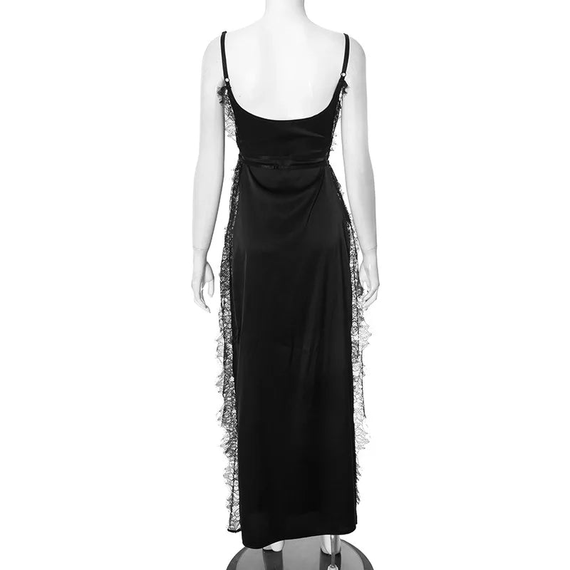 Lace Satin Patchwork High Split Maxi Dress
