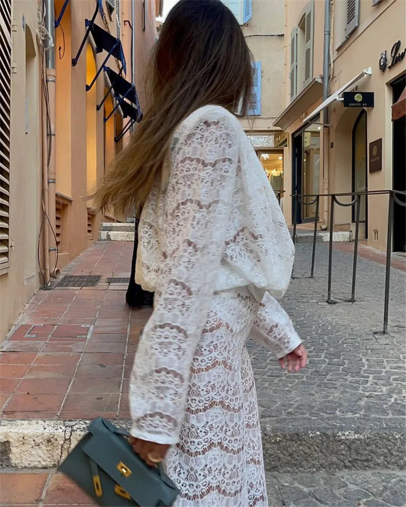 White Lace Two-Piece Loose Trouser Set