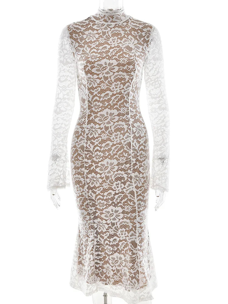 Lace White Long Sleeve Turtleneck Dress