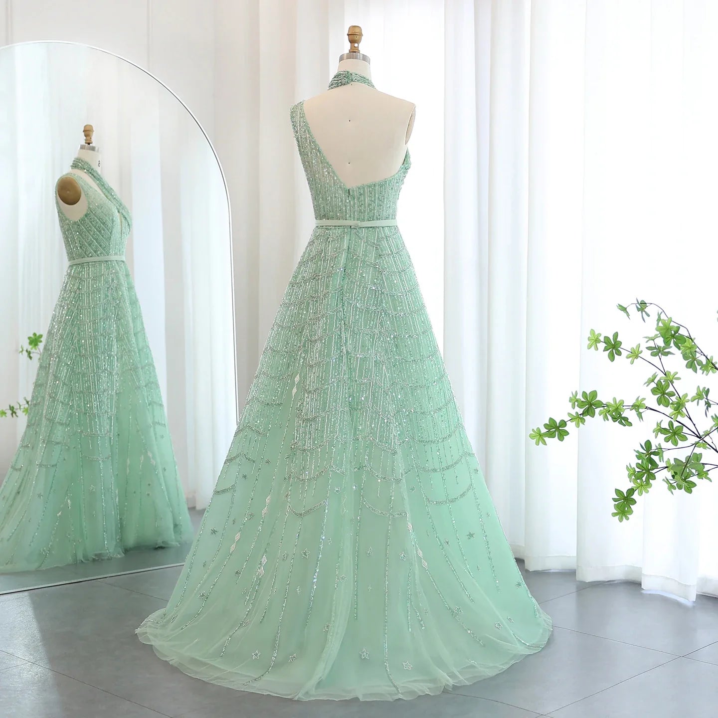 Beaded Lilac Halter Neck Evening Gown