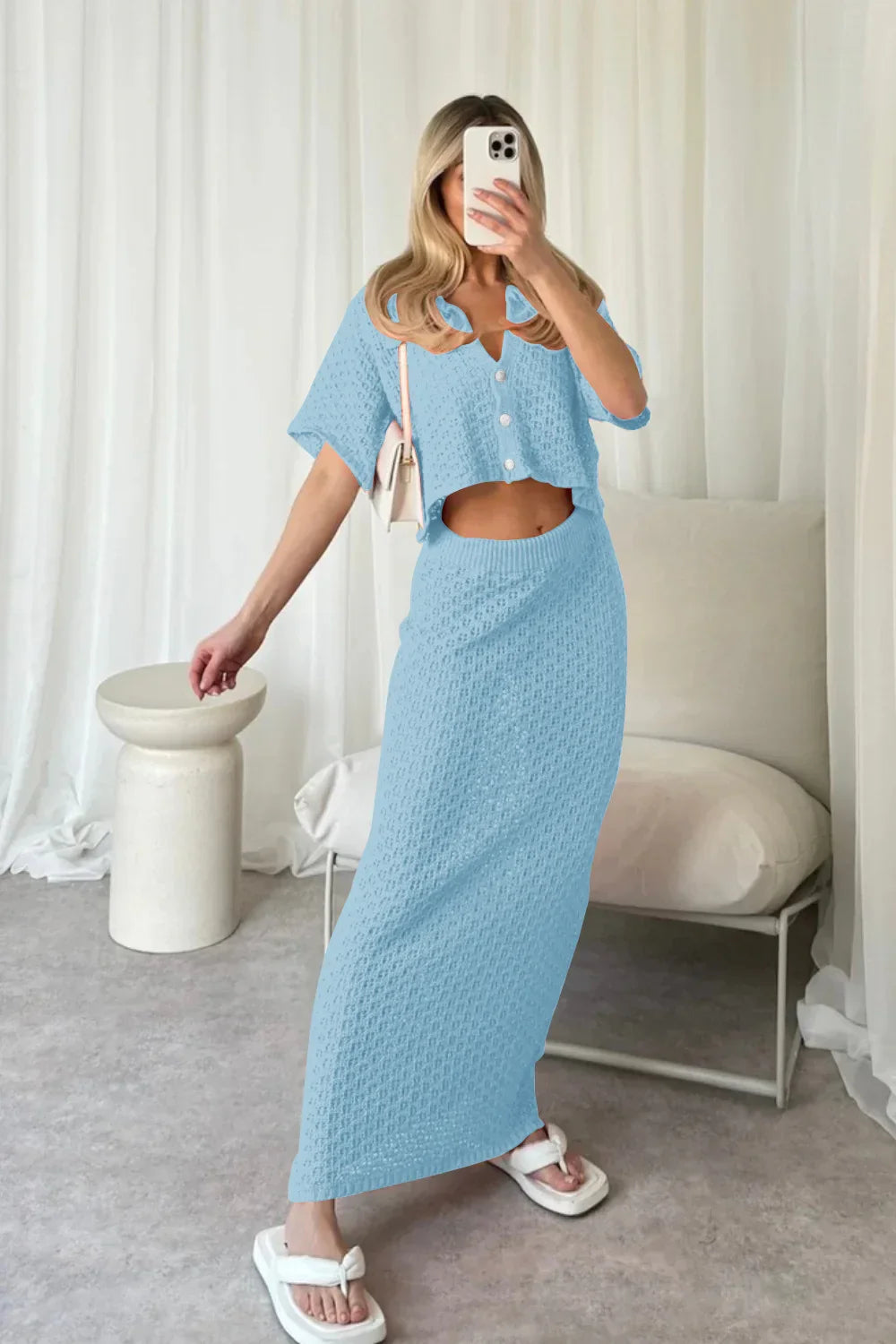 Knit Hollow Out Top and Long Skirt Suit