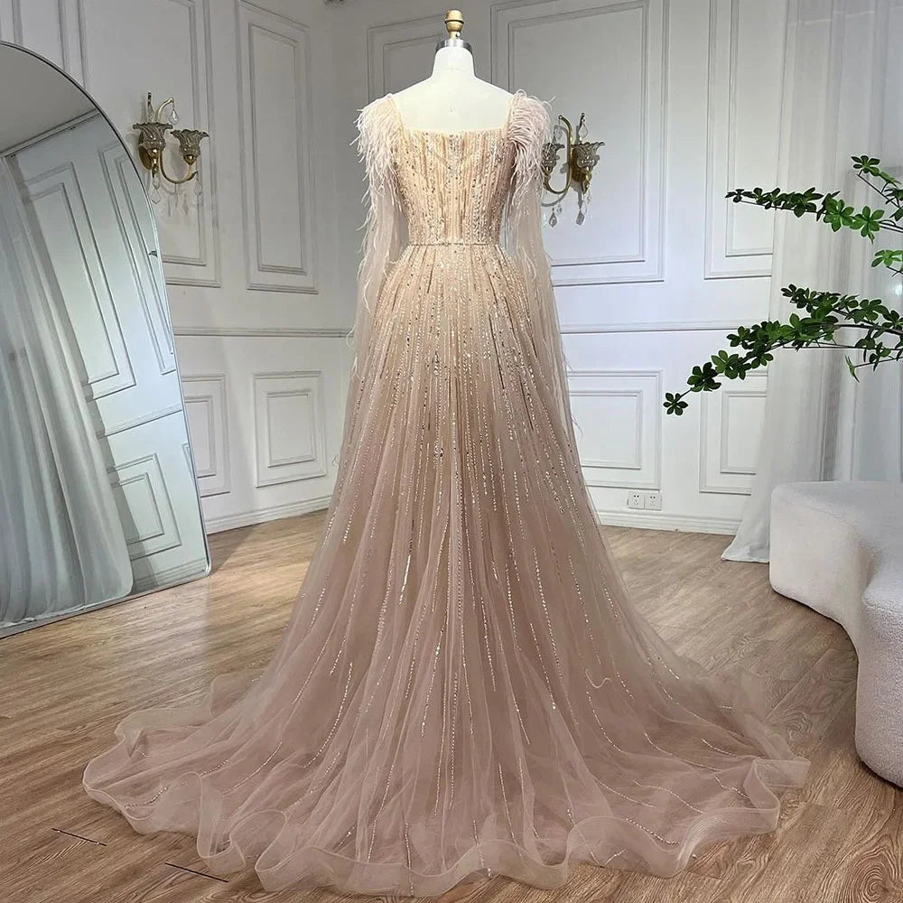 Cape Sleeves Feathers Beaded Evening Dresses