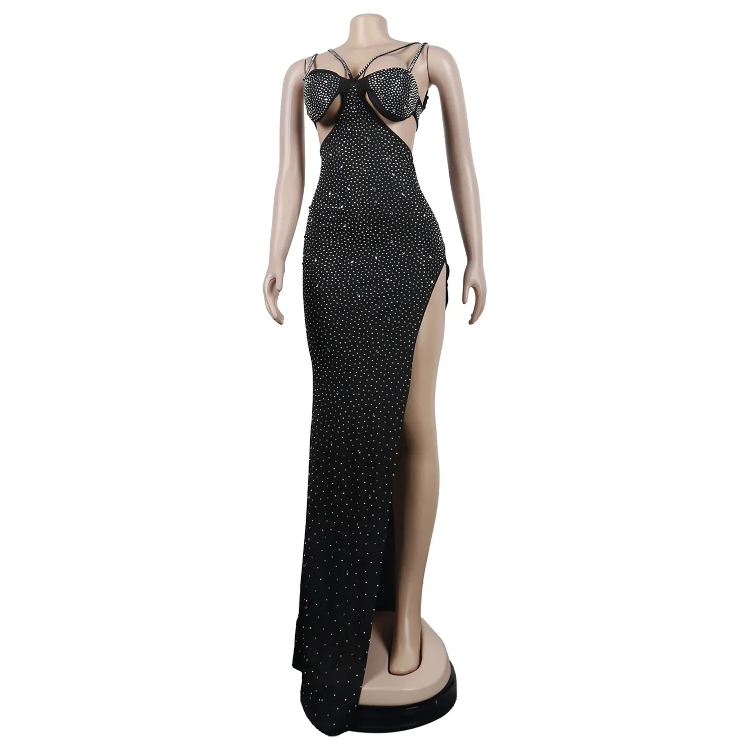 Spaghetti Strap Mesh Black Long Dress