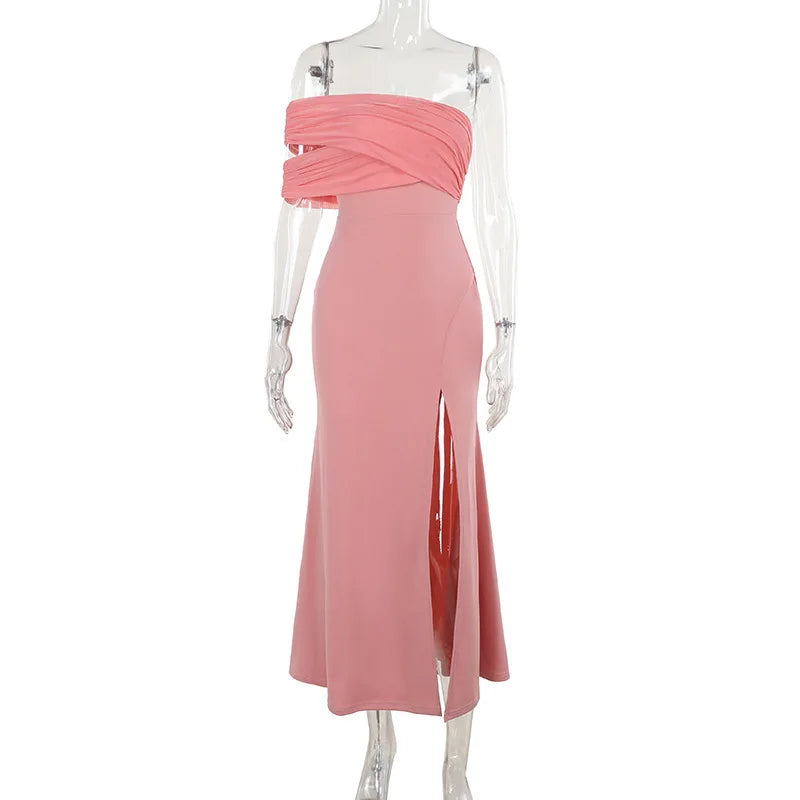 Solid One Shoulder Mesh Slit Long Dress