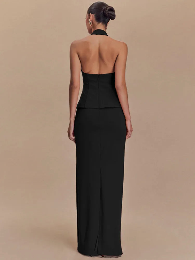 Square Collar Halter Top and Long Skirt Two-Piece Set