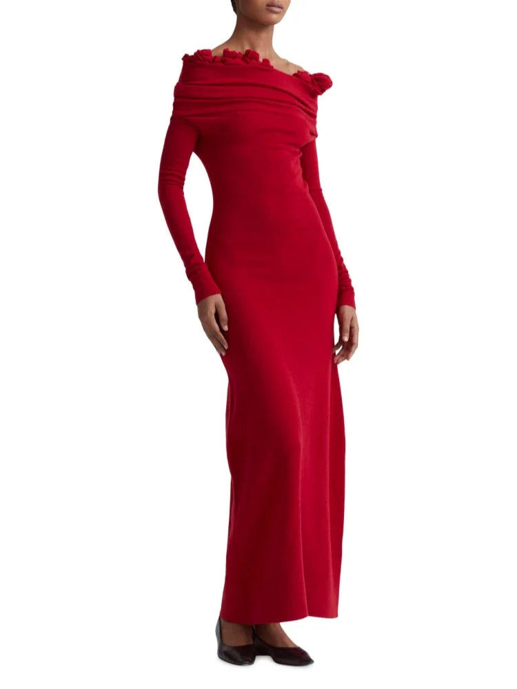 Off-Shoulder 3D Flower Red Velvet Dress