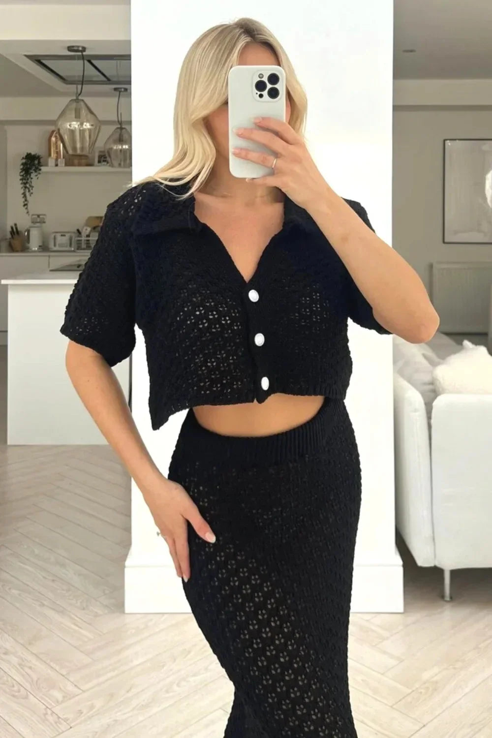 Knit Hollow Out Top and Long Skirt Suit