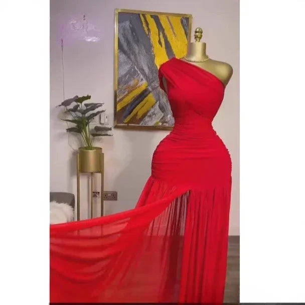 One Shoulder Mesh Solid Maxi Dress
