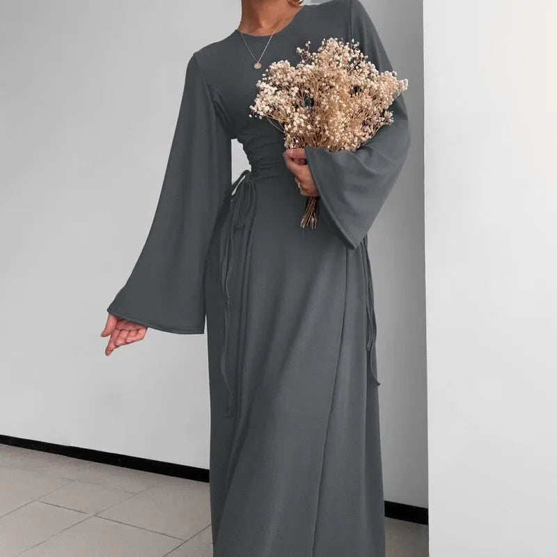 Ribbed Solid Lace-up Long Sleeve Dress