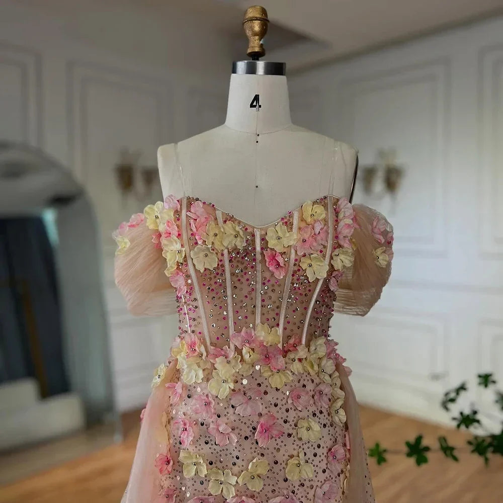 Beaded Off-shoulder Evening Gown with Overskirt
