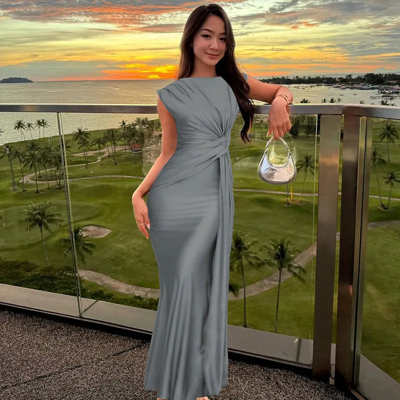 Solid Boat Neck Twist Knot Long Dress