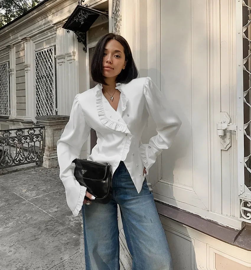 Women's White Ruffled Sleeve Cardigan Patchwork Blouse