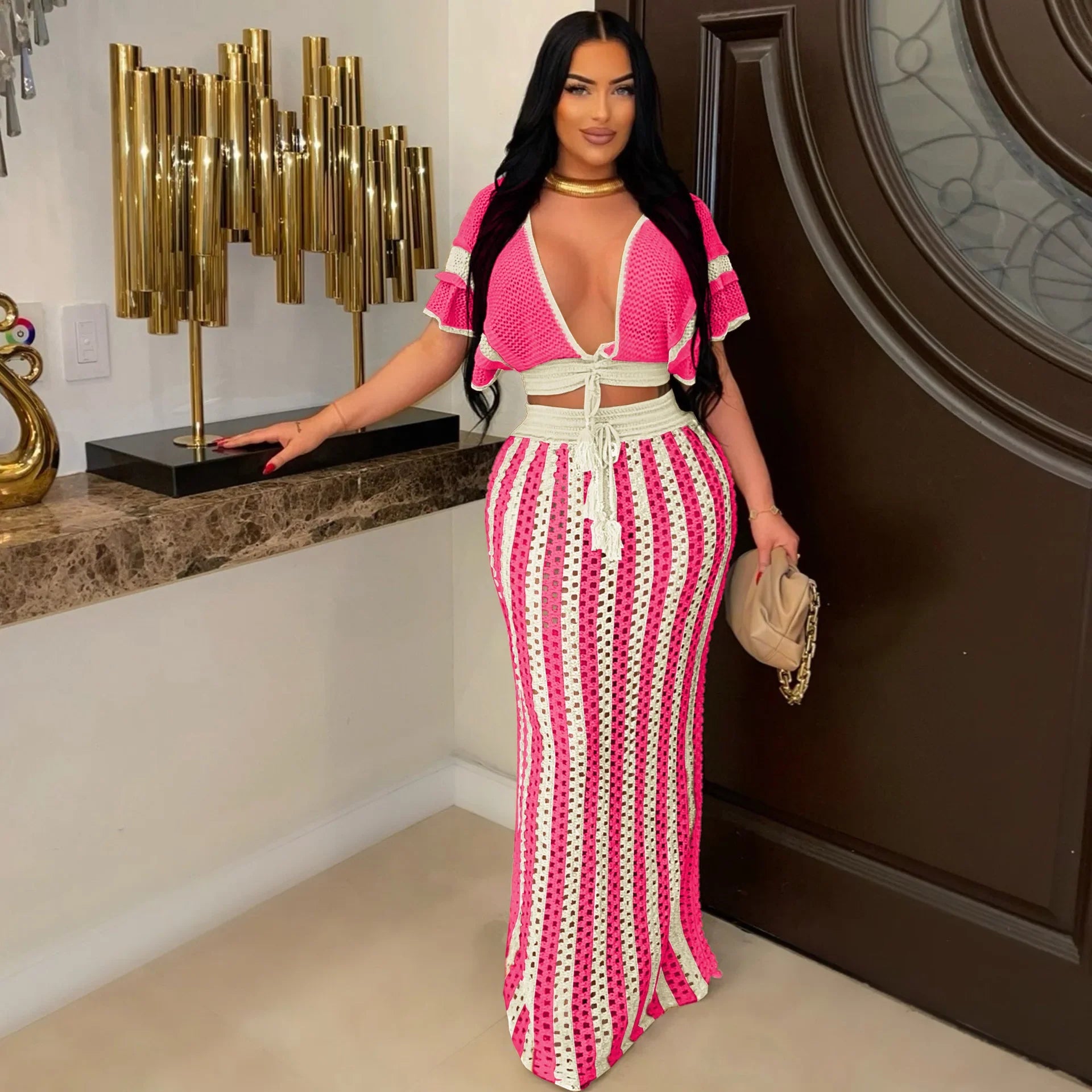 Striped Knitted Top and Long Skirt Set