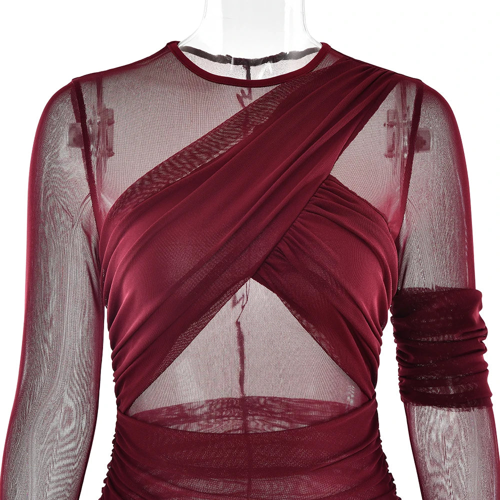 Mesh Patchwork Sheer Long Sleeve Dress