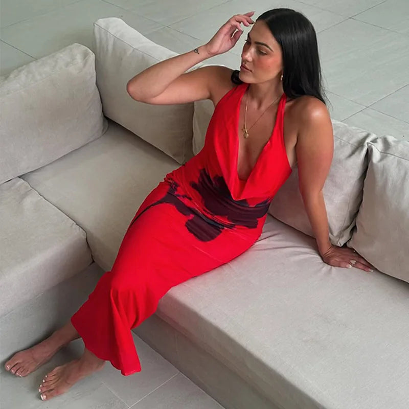 Flower Printed Halter Swinging Collar Long Dress