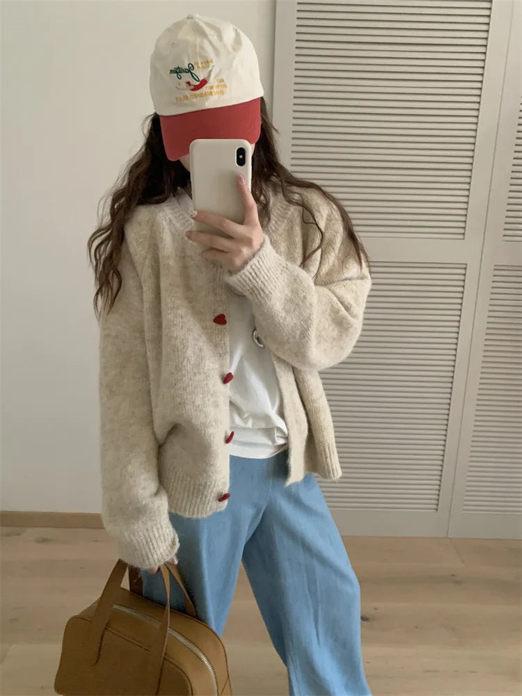 Soft Knit Heart-Shaped Long Sleeve Cardigan