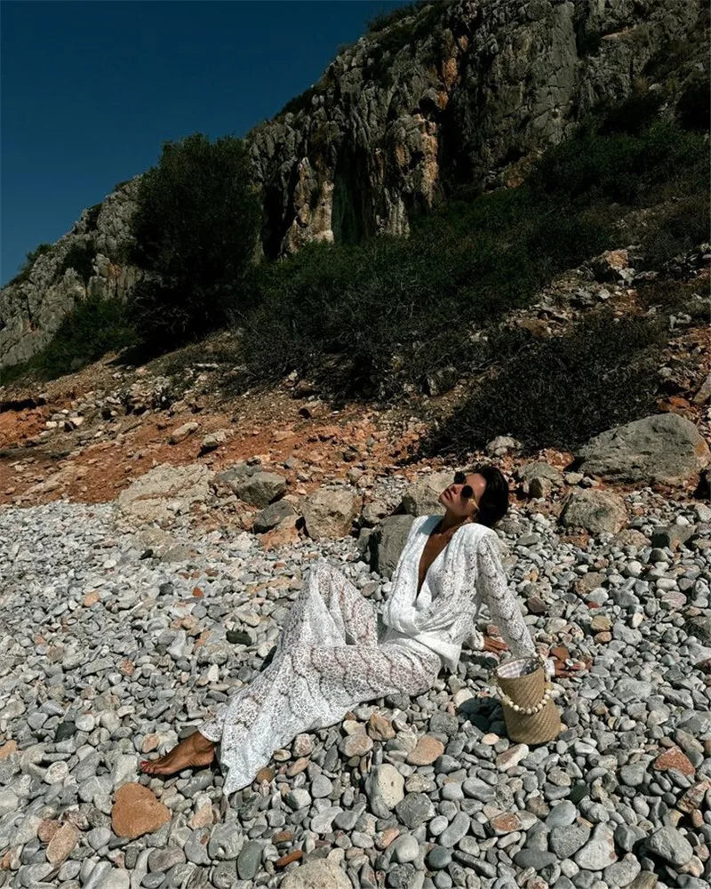 White Lace Two-Piece Loose Trouser Set