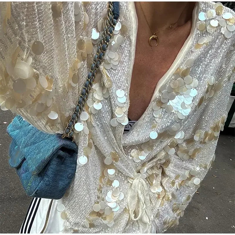White Sequins Patchwork Lace-up Shirt For Women