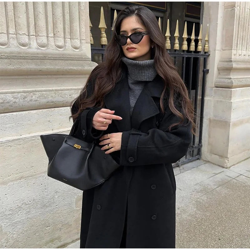 Wool Lace-Up Fur Lapel Thick Over Coat